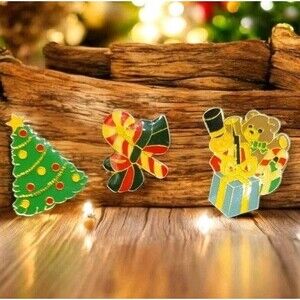 Vintage Enamel Christmas Lapel Pins Santa Snowman Teddy Bear Signed Swibco